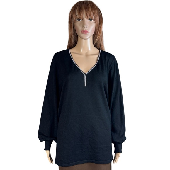 NWT New Chico's Caviar Trim V-Neck Black Sweater Size 4 US XXL - Picture 2 of 12